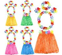 FEPITO Hawaiian Grass Hula Skirts Sets Include Flower Leis Necklace Headband Bracelets Luau Skirts for Kids Hawaii Costume Tropical Luau Birthday Party Supplies (5 Set)
