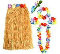 FEPITO Hawaiian Grass Hula Skirts Sets Include Flower Leis Necklace Headband Bracelets Luau Skirts for Hawaii Costume Tropical Luau Birthday Party Supplies (1 Set)