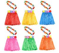 FEPITO KUUQA 6 Set 12 PCS Hawaiian Grass Hula Skirt With Flower Leis Necklace Hawaii Luau Skirts Necklace Costume Fancy Dress for Women Luau Birthday Party Favor Bags Supplies (Random Color)