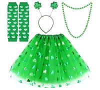 FEPITO St.Patrick's Day Parade Costume Accessories Set Includes Shamrock Green Tutu Tulle Skirt and Shamrock Headband Necklace for St.Patrick's Day Decoration Party Supplies