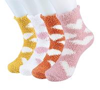 FEPITO Women's 4 Pairs Fluffy Winter Socks, Cozy Slipper Bed Socks, Ankle Length, One Size, White, Yellow, Orange, Pink