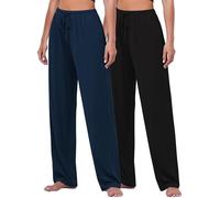 FEQO 2 Pack Women's Lounge Pants Wide Leg Yoga Pants Casual Pajama Bottoms, Black,dark Navy, Medium
