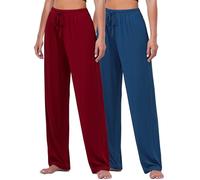 FEQO 2 Pack Women's Lounge Pants Wide Leg Yoga Pants Casual Pajama Bottoms, Navy, Dark Red, XL