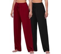 FEQO 2 Pack Women's Lounge Pants Wide Leg Yoga Pants Pajama Bottoms Drawstring Sweatpants, Black, Dark Red, Medium