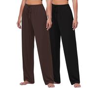 FEQO 2 Pack Women's Lounge Pants Wide Leg Yoga Pants Pajama Bottoms Drawstring Sweatpants, Black,dark Brown, XL