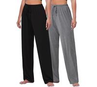 FEQO 2 Pack Women's Lounge Pants Wide Leg Yoga Pants Soft Pajama Bottoms Casual Loose Sweatpants Drawstring Yoga Pants, M(Black,Dark Grey)