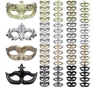 FEQO 64 Pieces Masquerade Masks Vintage Antique Mask Couple Venetian Masks for Halloween Carnivals Masquerade Party, 4 Colours (Fox, Arrows, Peacock, Little Miss)