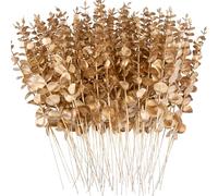 FEQO 72 Pcs Eucalyptus Stems Artificial Eucalyptus Leaves 15 Inch Faux Eucalyptuses Branches for Wedding Bouquet Home Decor, Gold