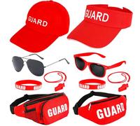 Feradny 10 Pcs Lifeguard Costume Accessories Kit 2 Red Guard Print Visor 2 Fanny Pack 2 Sunglasses 2 Whistle 2 Bracelet for Halloween, Cosplay, Beach Themed Parties