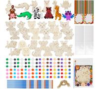 Feradny 36 Set Safari Party Favors Jungle Craft Kits DIY Safari Jungle Wooden Painting Kit Wooden Coloring Arts and Crafts Supplies for Kids Wild Animals Birthday