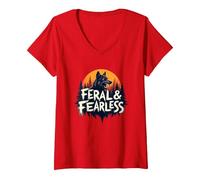 Feral & Fearless: Fierce Wolf Wilderness Adventure V-Neck T-Shirt, Women, Red, XXL