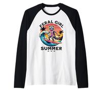 Feral Girl Summer Retro Raccoon Surfing Raglan Baseball Tee