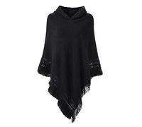 Ferand Ladies Hooded Poncho with Fringed Hem Crochet Cape for Autumn Winter 2023, One Size, Black
