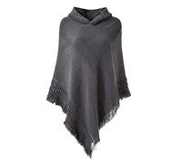 Ferand Ladies Hooded Poncho with Fringed Hem Crochet Cape for Autumn Winter 2023, One Size, Grey