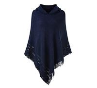 Ferand Ladies Hooded Poncho with Fringed Hem Crochet Cape for Autumn Winter 2023, One Size, Navy Blue