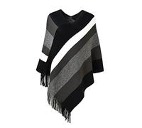 Ferand Women's Casual Striped Poncho Sweater Versatile Fringe Shawl Wrap for Fall Winter, One Size, Black & Grey