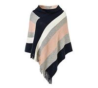 Ferand Women's Casual Striped Poncho Sweater Versatile Fringe Shawl Wrap for Fall Winter, One Size, Hooded Version: Navy Blue & Pink