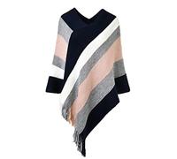 Ferand Women's Casual Striped Poncho Sweater Versatile Fringe Shawl Wrap for Fall Winter, One Size, Navy Blue & Pink