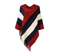 Ferand Women's Casual Striped Poncho Sweater Versatile Fringe Shawl Wrap for Fall Winter, One Size, Red & Black