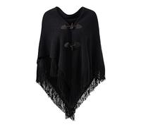 Ferand Women's Open Front Poncho Loose Fitting Fringed Cape Shawl for Autumn Winter 2023 - One Size - Black