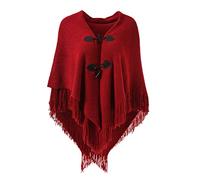 Ferand Women's Open Front Poncho Loose Fitting Fringed Cape Shawl for Autumn Winter 2023 - One Size - Red