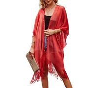 Ferand Women's Pearl Fringe Kimono Cardigan Sheer Loose Swim Cover Up for Beach, Pool, and Vacation, Red, One Size