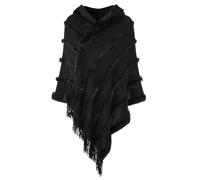 Ferand Women's Poncho with Hood, Warm Winter Poncho, Striped Cape with Fringes, Elegant, White, black, One Size