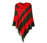 Ferand Women's Striped Poncho Sweater Cozy Knit Fringe Shawl Wraps for Fall Winter, Red & Green, One size