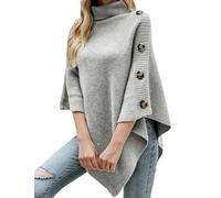 Ferand Women's Turtleneck Button Detail Poncho High Neck Asymmetrical Pullover Sweater for Fall Winter Outfits, Light Grey, One size