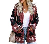 Ferbia Women Boho Cardigan Aztec Open Front Loose Slouchy Sweaters Tribal Long Sleeve Knitted Jacket Coat with Pockets - Red - Large