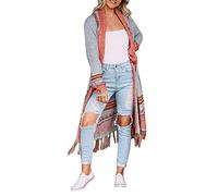FERBIA Women Boho Cardigan Sweater Long Open Front Maxi Knit Sweaters Aztec Tribal Tassel Fringe Thin Coat, B-grey, Small