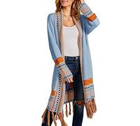 FERBIA Women Boho Cardigan Sweater Long Open Front Maxi Knit Sweaters Aztec Tribal Tassel Fringe Thin Coat, B-blue, L