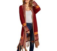 FERBIA Women Boho Cardigan Sweater Long Open Front Maxi Knit Sweaters Aztec Tribal Tassel Fringe Thin Coat, B-Wine Red, M