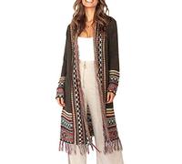 Ferbia Women Boho Long Sleeve Cardigan Open Front Loose Sweater Maxi Bohemian Knit Sweater Aztec Tribal Tassel Fringe - Brown - Small