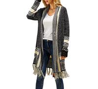 Ferbia Women Boho Long Sleeve Cardigan Open Front Loose Sweater Maxi Bohemian Knit Sweater Aztec Tribal Tassel Fringe - Black - Medium