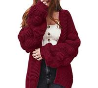 FERBIA Women Oversized Cardigan Knitted Cute Chunky Knitwear Sweaters Wrap Long Fall Pom Pom Open Front Knit, Wind Red, Small