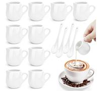 Ferenando 10 Pcs Small Milk Jug 50ml/1.7oz, White Ceramic Mini Milk Jug with 4 Spoons, Small Gravy Jugs with Anti-drip Spout Perfect for Coffee Tea Cream Sauce - Dishwasher & Microwave Safe