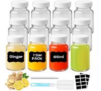 Ferenando 12 PCS Glass Shot Bottles with Lids 65ml/2.2oz, Labels & Brush, Ginger Shot Bottles Glass Reusable, Wide Mouth Containers for Ginger, Juice, Wellness Shot, Whiskey and Spice