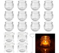 Ferenando 16 Pcs Glass Tealight Holders, Ø5.2cm x H5.5cm, Vintage Tea Light Candle Holders with Ribbon & Hook, Elegant Small Glass Candle Holders for Weddings, Valentine's Day, Christmas, Party