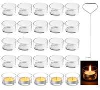 Ferenando 25 Pcs Tea Light Candle Holders, Glass Tealight Holders Ø4.5 X H2.5cm with Extinguishing Hook, Glass Candle Holder for Weddings, Christmas, Parties, Birthdays & Table Decoration