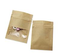 FERENLI 2.8x3.5 inch 100Pcs Brown Kraft Paper Window Bags Smell Proof Resealable Food Storage Pouch for Zip Flat Lock Candy Coffee Beans Packaging Bag with Tear Notches