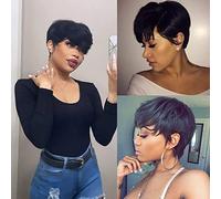 Fereowth Short Human Hair Wig Pixie Cut Wigs with Bangs Straight Short Wigs for Woman Black Layered Wavy Wig for Women Black Color 1B