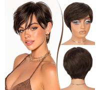 Fereowth Short Human Hair Wigs Brown Pixie Cut Wig with Bangs Straight Short Wigs for Woman 100% Real Human Hair Glueless Wig 4# Color