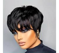 Fereowth Short Human Hair Wigs Pixie Cut Wig with Bangs Straight Short Wigs for Woman 100% Real Human Hair Glueless Wig Black Color
