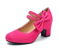 fereshte Womens Bow Heels Mary Jane Shoes Round Toe Chunky Heel Side Bow Dress Pumps, Hot Pink Suede, 4.5 UK