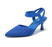 fereshte Women's Low Kitten Heels Knit Pumps Elastic Ankle Strap Slingback Dress Shoes, Royal Blue, 4.5 UK