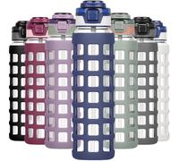 Ferexer Glass Water Bottle 1 litre / 660ml with Handle Straw Flip lids, leakproof, BPA free Water Bottle,Sustainable Borosilicate Glass, with Silicone Sleeve Sports Glass Drinking Bottle Blue