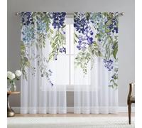 Fereyis Blue Purple Flowers Sheer Curtains for Living Room 84 inch Length 2 Panels Set Elegant Leaves Spring Printed Window Curtain Chiffon Drapes for Bedroom