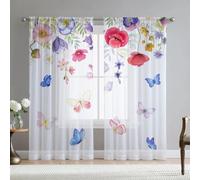 Fereyis Colorful Flower Sheer Curtains for Living Room 84 inch Length 2 Panels Set Elegant Butterly Spring Printed Window Curtain Chiffon Drapes for Bedroom