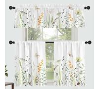 Fereyis Floral Leaves Curtain for Kitchen Bathroom Watercolour Yellow Flower Rod Pocket Window Tier Curtains Valance Set 3 Pcs Plant Printed Curtains 54 x 18 inches + 27 x 36 inches *2